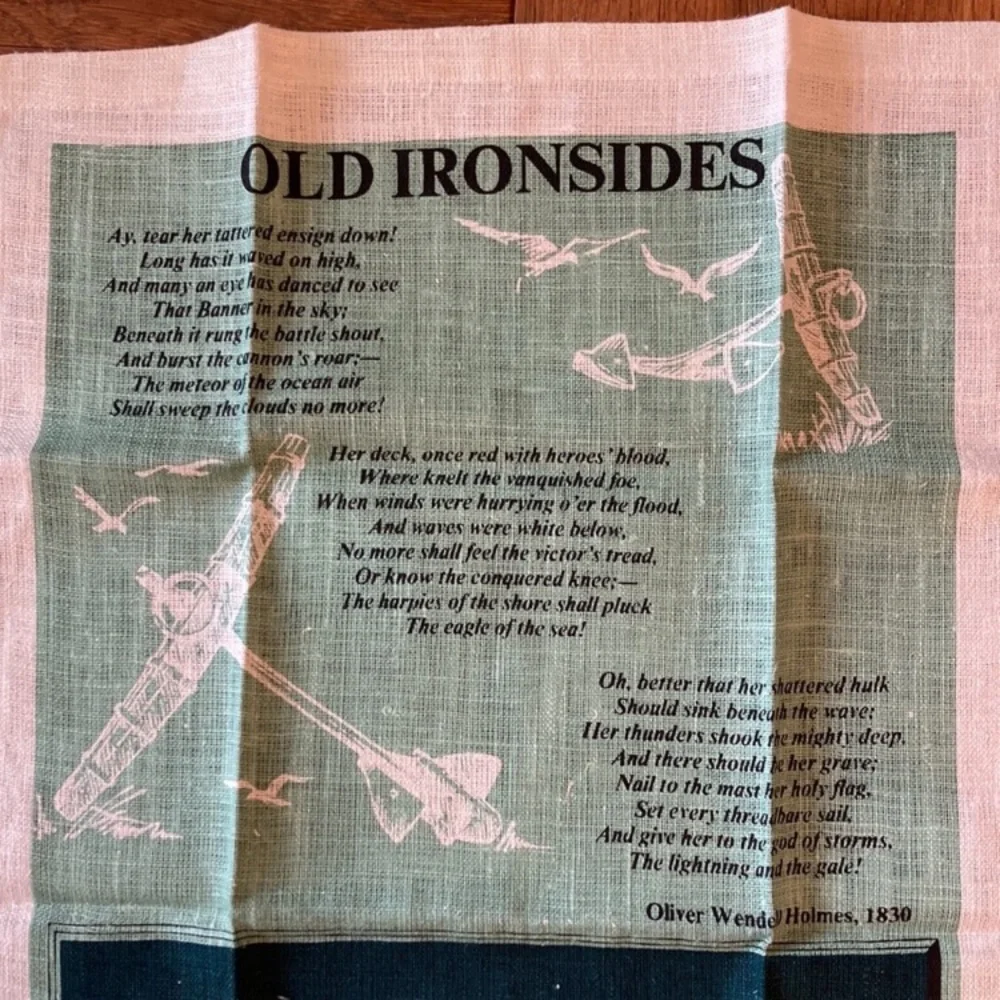 1970s 2 unused linen kitchen towels, Old Ironsides, USS Constitution, with poem